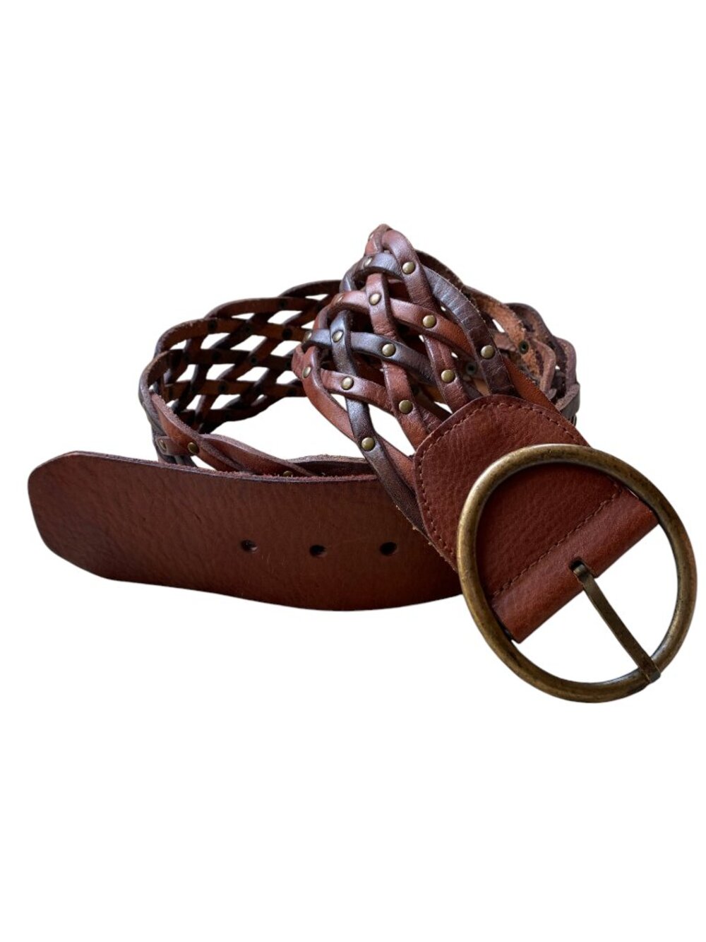 NWOT Fossil VTG Brown Leather Braided Belt Studded Boho Grunge Brass Buckle-L